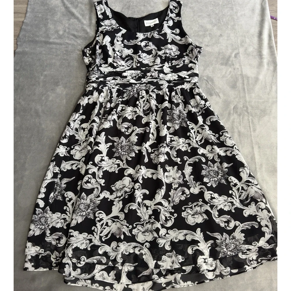 Studio I Women’s Black White Floral Scroll A-Line Dress Size 14 Vintage Inspired